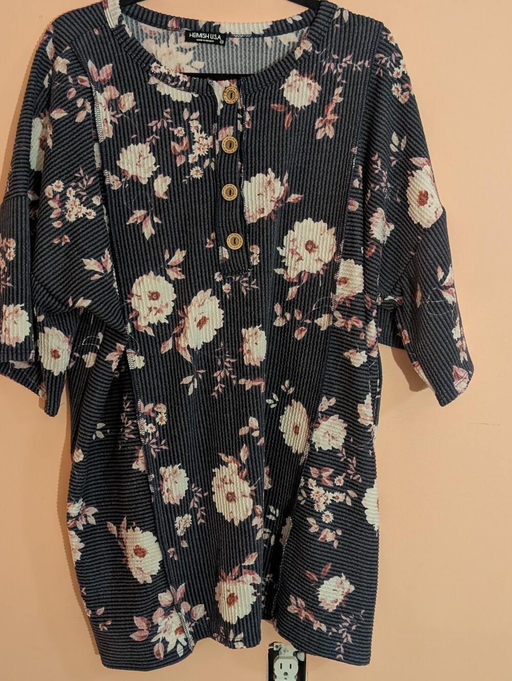 HEIMISH USA Black Floral Ribbed Henley Tunic with Cream & Pink Flowers